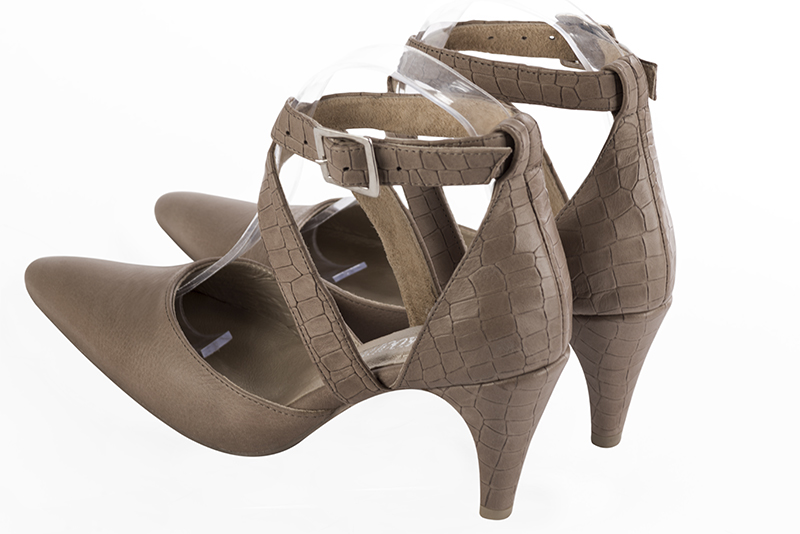 Bronze beige women's open side shoes, with crossed straps. Tapered toe. High slim heel. Rear view - Florence KOOIJMAN